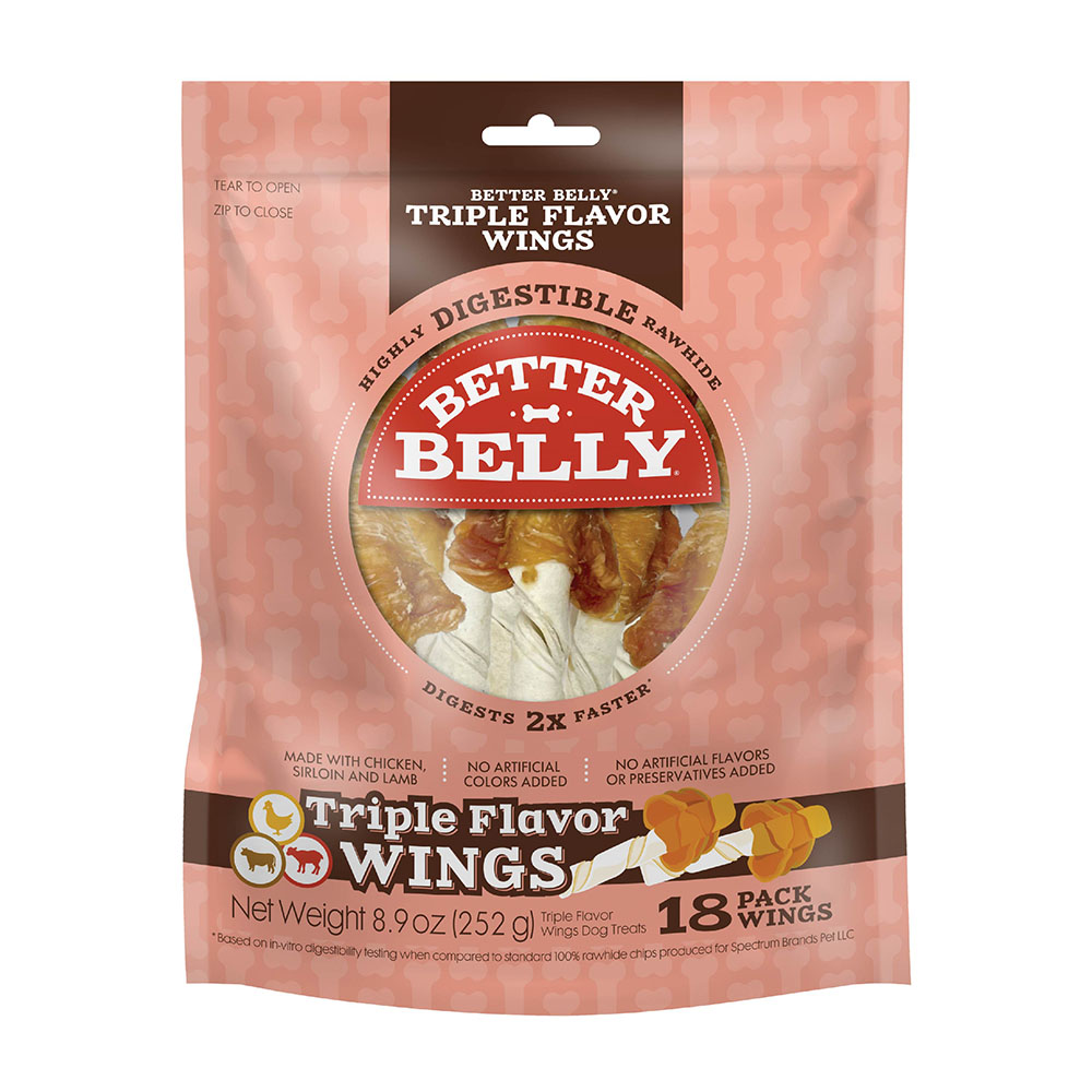 Better Belly Triple Flavor Wings Highly Digestible Rawhide Dog Treat With Chicken Sirloin Lamb 10 Per Pack Better Belly
